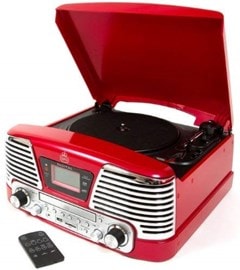 GPO Memphis Red USB Turntable with CD Player & FM Radio - 1