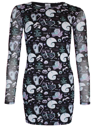 Glitch All Over Print Nightmare Before Christmas Womens Body Con Mesh Dress