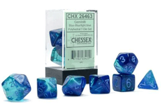 Gemini Polyhedral Blue/Blue With Light Blue Luminary (Set Of 7) Chessex Dice