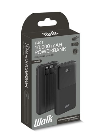 Walk Audio P401 Black 10000mAh Power Bank with Integrated Cables