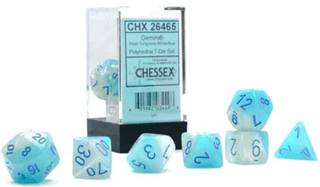 Gemini Polyhedral Pearl Turquoise/White With Blue Luminary (Set Of 7) Chessex Dice