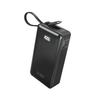 SBS 20W Black 10000mAh Power Bank with LCD display & Integrated USB-C Cable