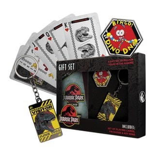 Jurassic Park Keyring, Pin Badge & Playing Cards Gift Set
