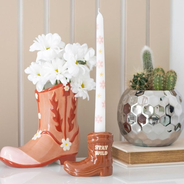 Brown Cowboy Boot Candle Holder With Taper Candle - 3