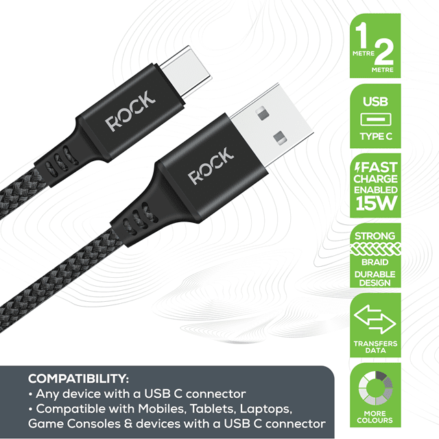 Rock Black Braided USB-C Cable 1M - 2