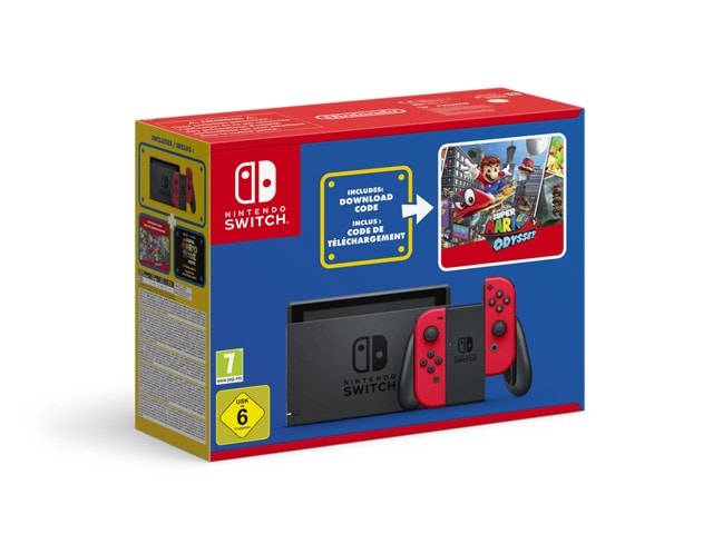 Nintendo Switch Console (Red) - Super Mario Odyssey Download Code Bundle - 1