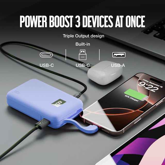 Juice 3 Charges Ultramarine 12000mAh Power Bank with Integrated Cable - 3