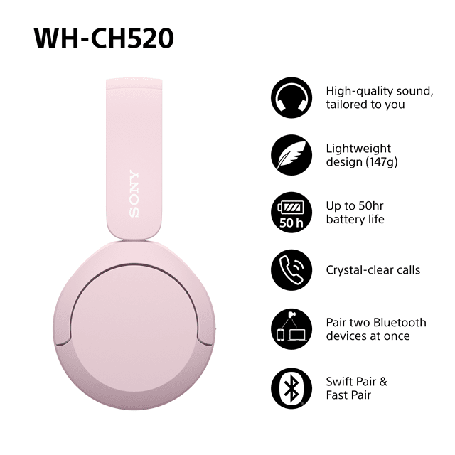 Sony WH-CH520 Pink Bluetooth Headphones - 3