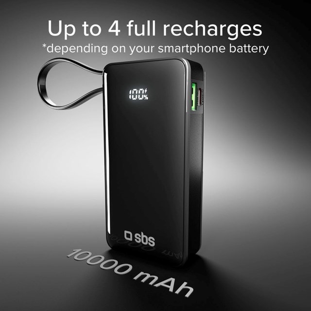 SBS 20W Black 10000mAh Power Bank with LCD display & Integrated USB-C Cable - 8