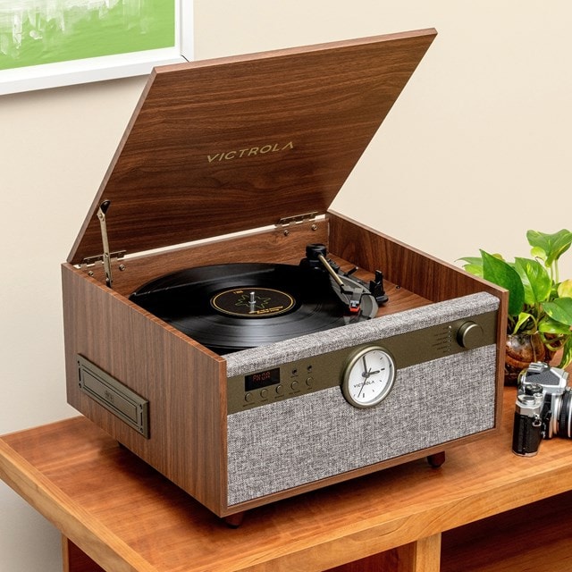 Victrola Century Walnut Bluetooth Turntable with Clock, CD & Cassette - 16