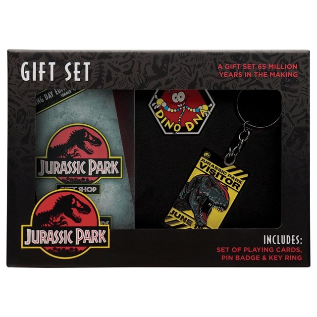 Jurassic Park Keyring, Pin Badge & Playing Cards Gift Set - 7