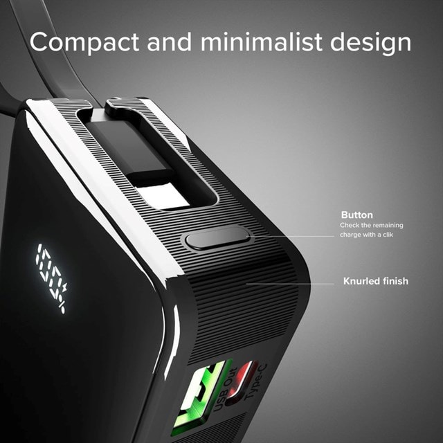 SBS 20W Black 10000mAh Power Bank with LCD display & Integrated USB-C Cable - 7