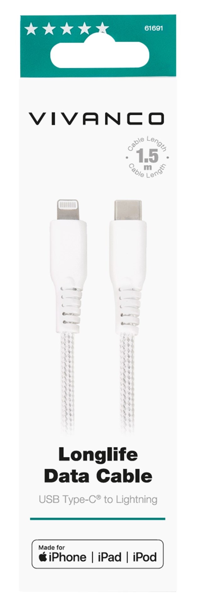 Vivanco White Longlife Lightning USB-C Cable 1.5m - 2