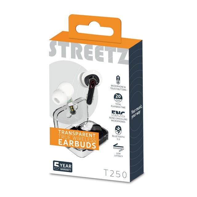 Streetz T250 Transparent Black/White True Wireless Noise Cancelling Bluetooth Earphones - 6