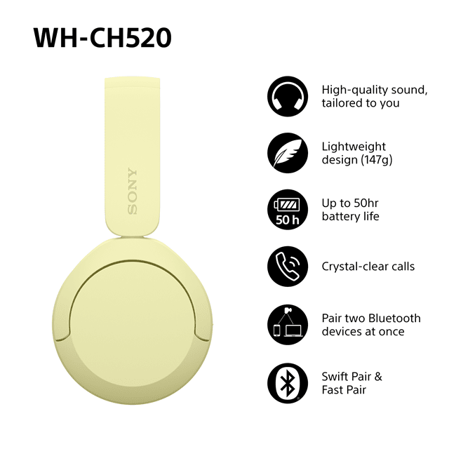 Sony WH-CH520 Yellow Bluetooth Headphones - 2