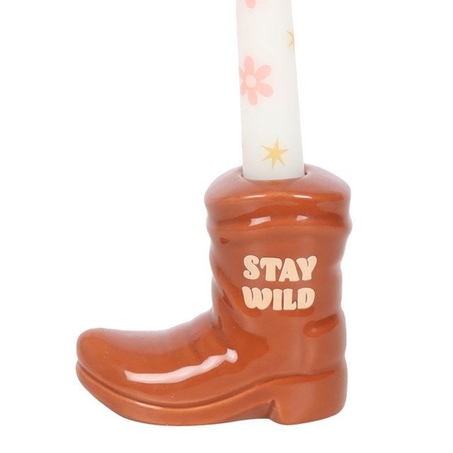 Brown Cowboy Boot Candle Holder With Taper Candle - 2