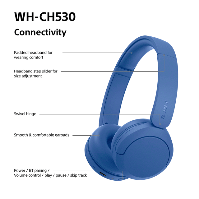 Sony WH-CH530 Blue Bluetooth Headphones - 9