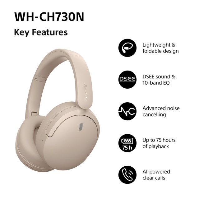 Sony WH-CH730N Cream Noise Cancelling Bluetooth Headphones - 9