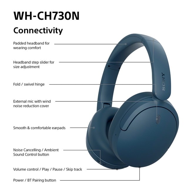 Sony WH-CH730N Blue Noise Cancelling Bluetooth Headphones - 8