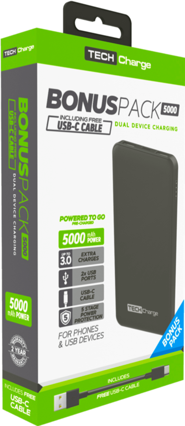 TechCharge Bonus Pack 5000mAh Power Bank with USB-C Cable - 8