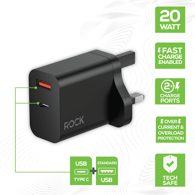 Rock 20W Black Dual USB & USB-C Plug - 2