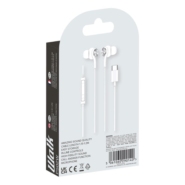 Walk Audio P502W White USB-C Earphones W/Mic - 4