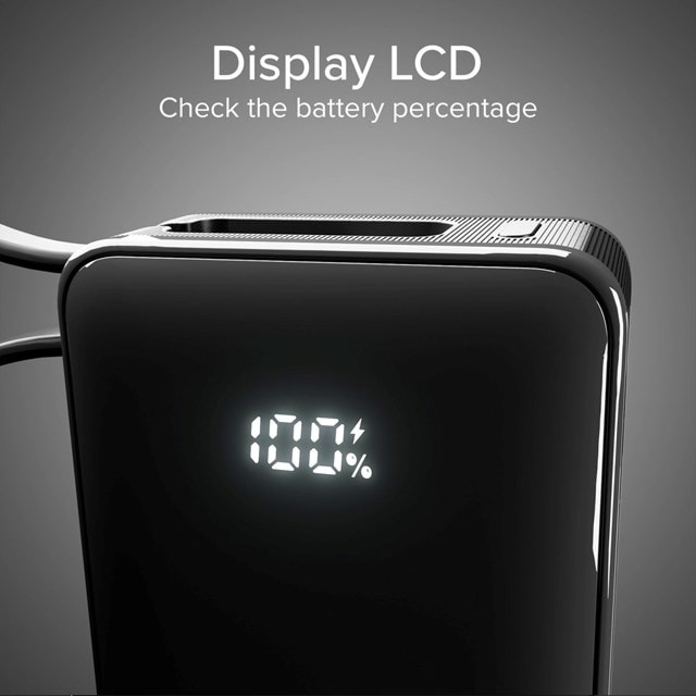 SBS 20W Black 10000mAh Power Bank with LCD display & Integrated USB-C Cable - 6