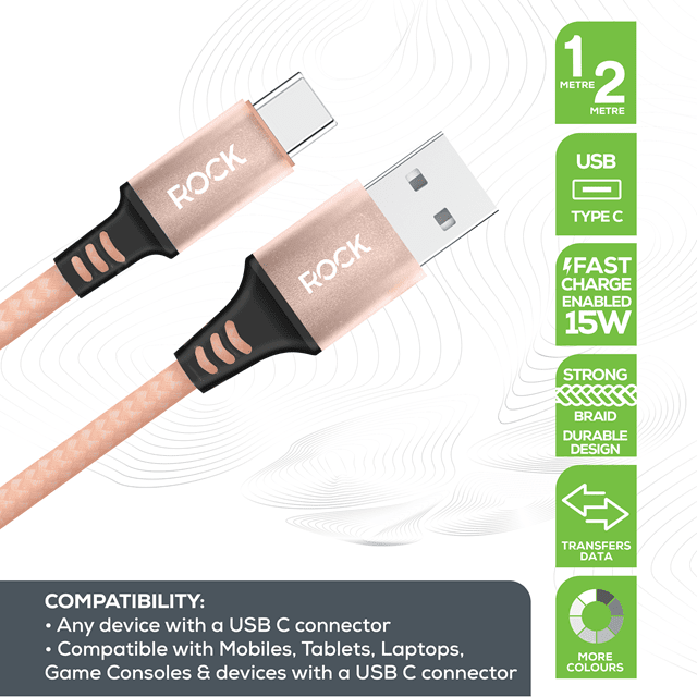 Rock Champagne Gold Braided USB-C Cable 1M - 2