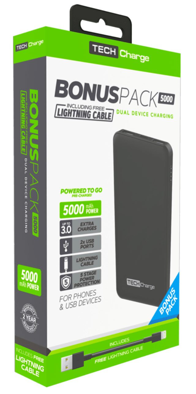 TechCharge Bonus Pack 5000mAh Power Bank with Lightning Cable - 8