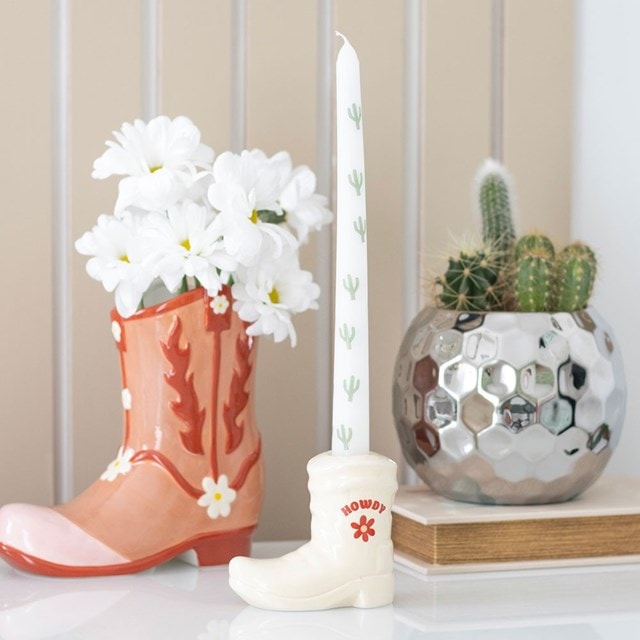 White Cowboy Boot Candle Holder With Taper Candle - 2