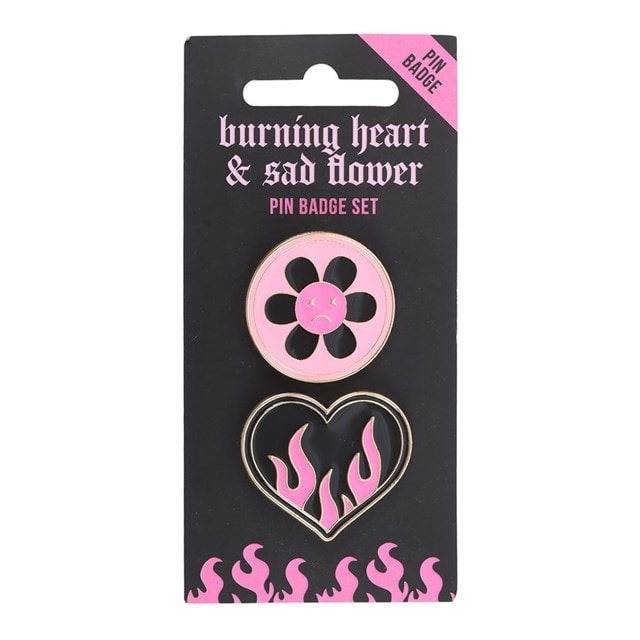 Burning Heart And Sad Flower Pin Badge Set - 3