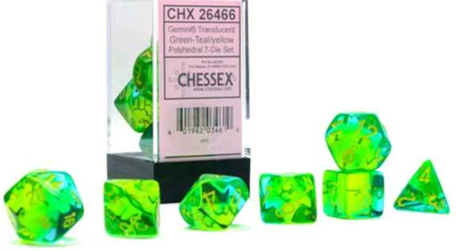 Gemini Polyhedral Translucent Green/Teal And Yellow (Set Of 7) Chessex Dice - 1