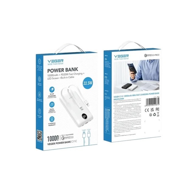 VEGER C11 10,000Mah 22.5W Pd White Power Bank With Integrated Cables - 4