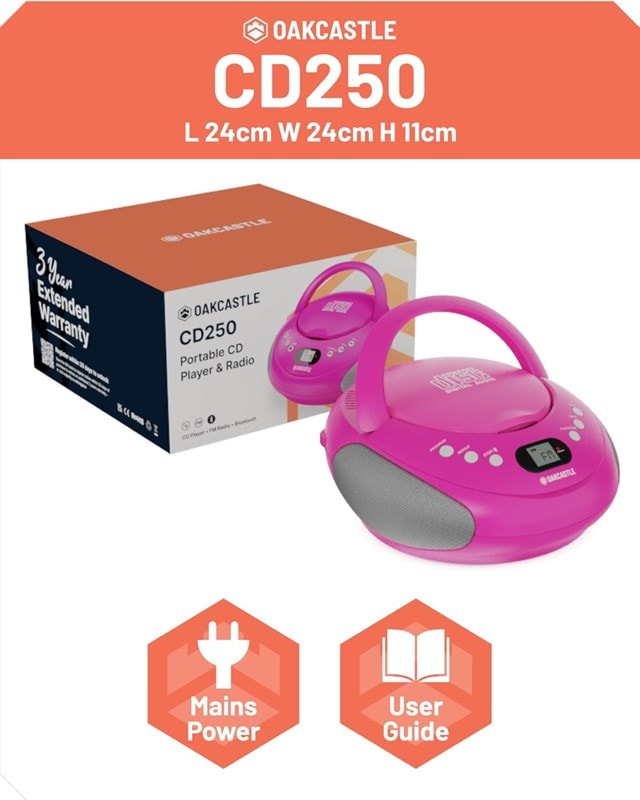 Oakcastle CD250 Pink Bluetooth CD Player with FM Radio - 7