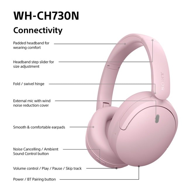 Sony WH-CH730N Pink Noise Cancelling Bluetooth Headphones - 8