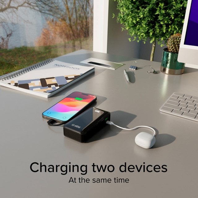 SBS 20W Black 10000mAh Power Bank with LCD display & Integrated USB-C Cable - 10