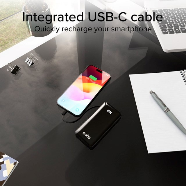 SBS 20W Black 10000mAh Power Bank with LCD display & Integrated USB-C Cable - 9