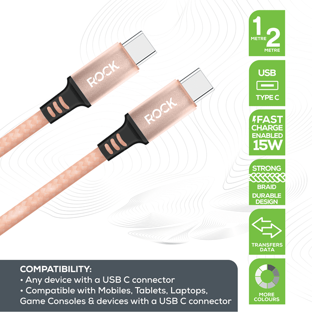 Rock Champagne Gold Braided USB-C to USB-C Cable 1M - 2