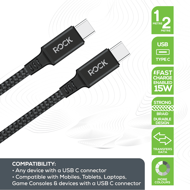 Rock Black Braided USB-C to USB-C Cable 1M - 2