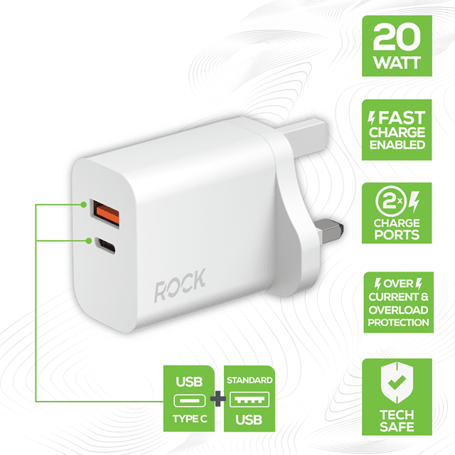 Rock 20W White Dual USB & USB-C Plug - 1