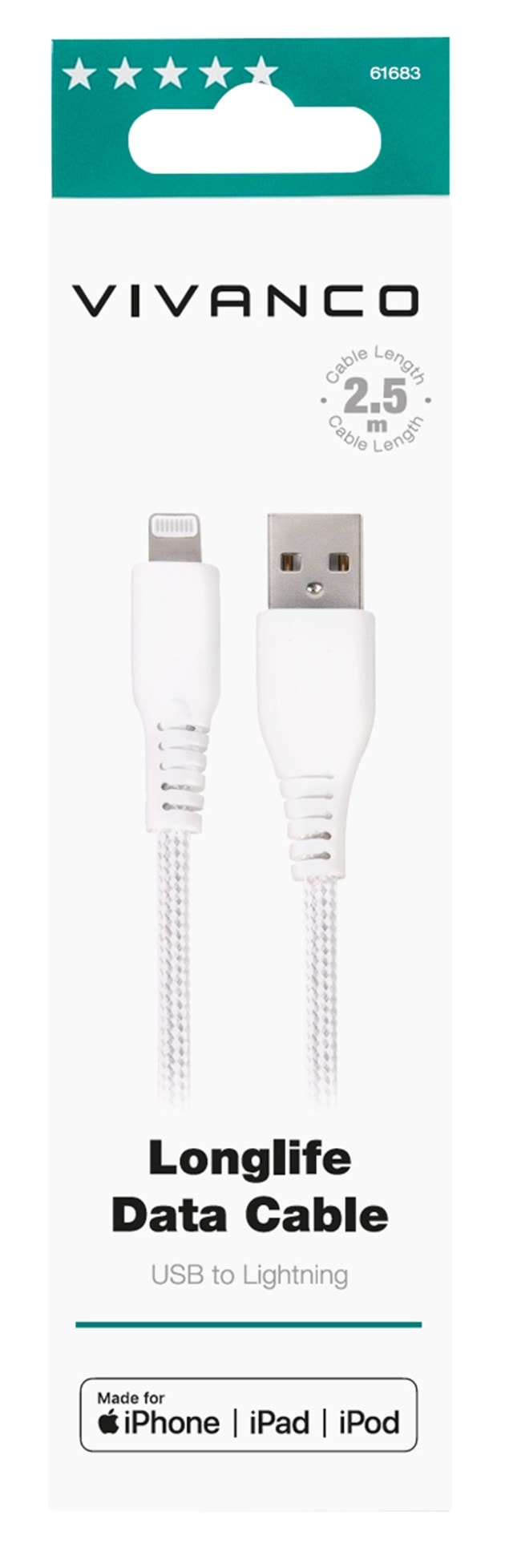 Vivanco White Longlife Lightning Cable 2.5m - 2