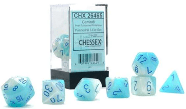 Gemini Polyhedral Pearl Turquoise/White With Blue Luminary (Set Of 7) Chessex Dice - 1