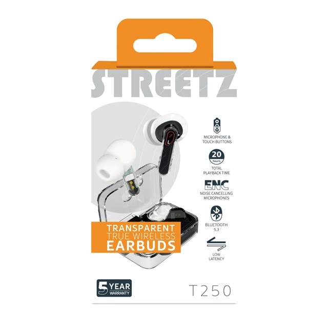 Streetz T250 Transparent Black/White True Wireless Noise Cancelling Bluetooth Earphones - 7