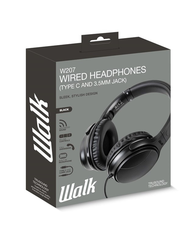 Walk Audio W207 Black Headphones with 3.5MM & USB-C Connectors - 2