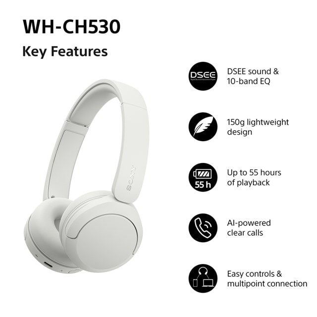Sony WH-CH530 White Bluetooth Headphones - 7