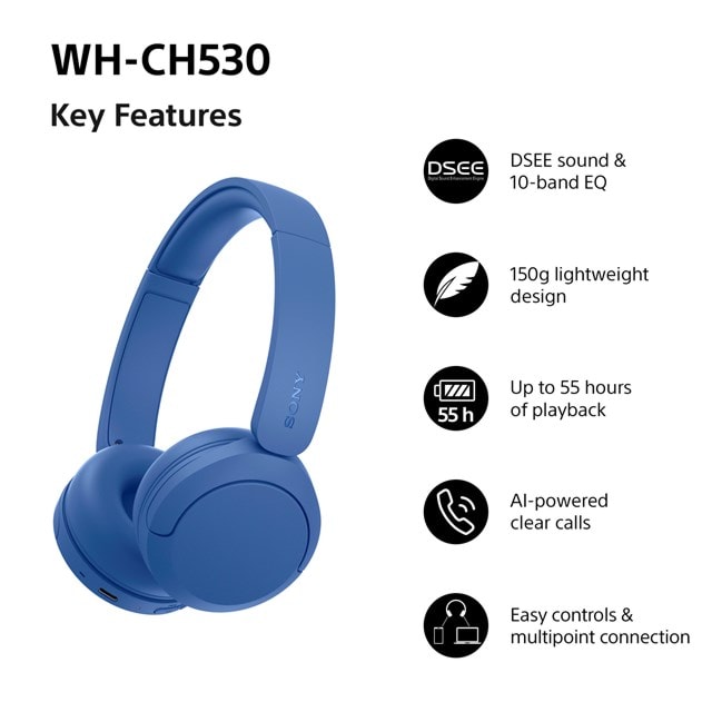 Sony WH-CH530 Blue Bluetooth Headphones - 7