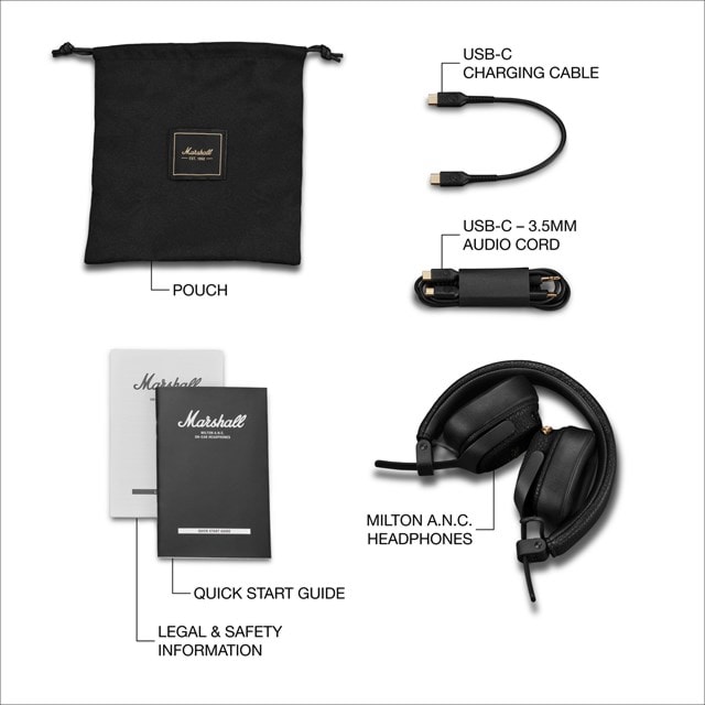 Marshall Milton Black Active Noise Cancelling Bluetooth Headphones - 10