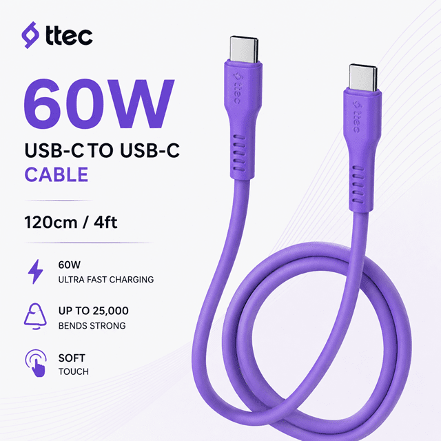Ttec Neon Purple Usb-C To Usb-C 60W Cable 1.2M - 5