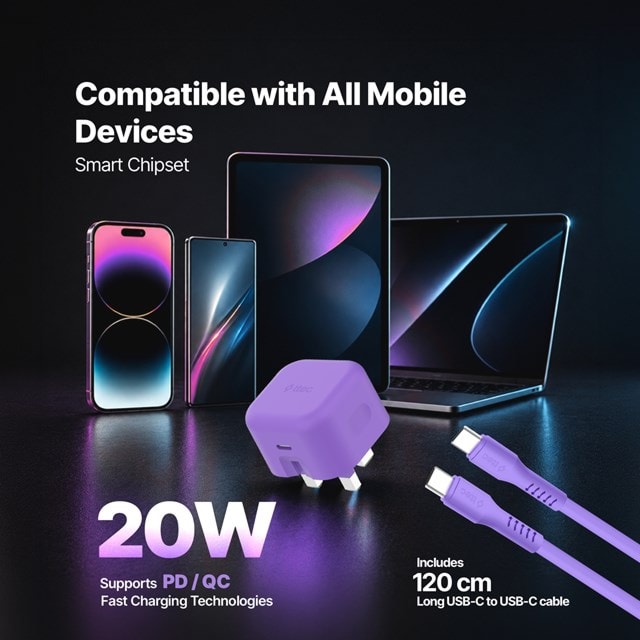 SmartCharger Pro Neon Purple 20W Wall Plug and USB-C Cable Pack - 10