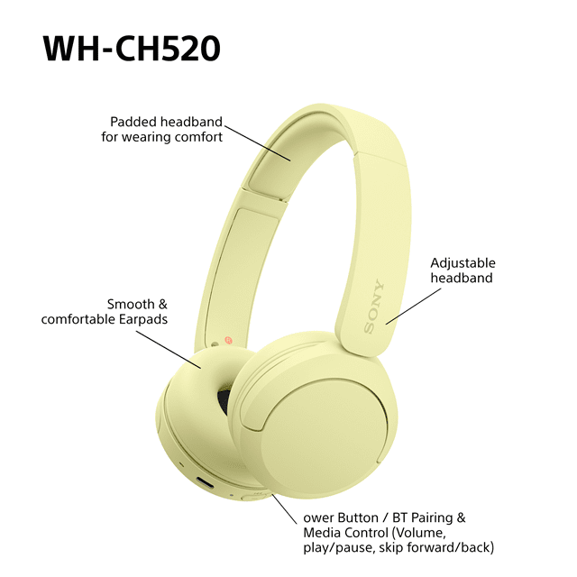 Sony WH-CH520 Yellow Bluetooth Headphones - 3